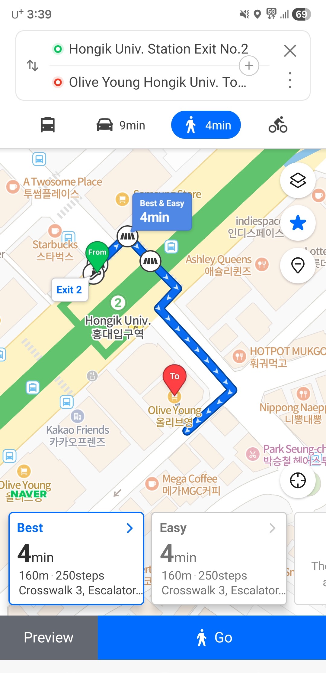 Naver Map showing a walking route in English from Hongik Univ. Station Exit 2 to a nearby shop: 4 minutes, 160 metres, 250 steps, with a turn-by-turn line drawn on the map.