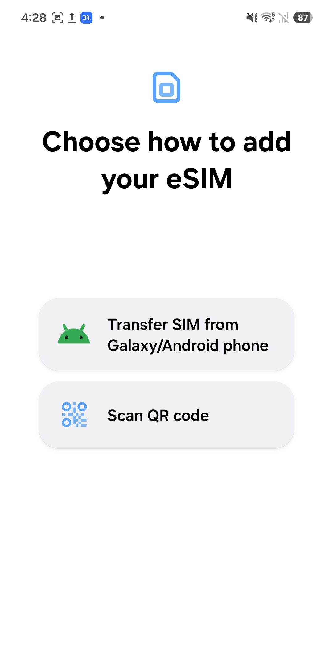 The Samsung eSIM setup screen in English, offering two options: transfer a SIM from another Galaxy or Android phone, or scan a QR code.